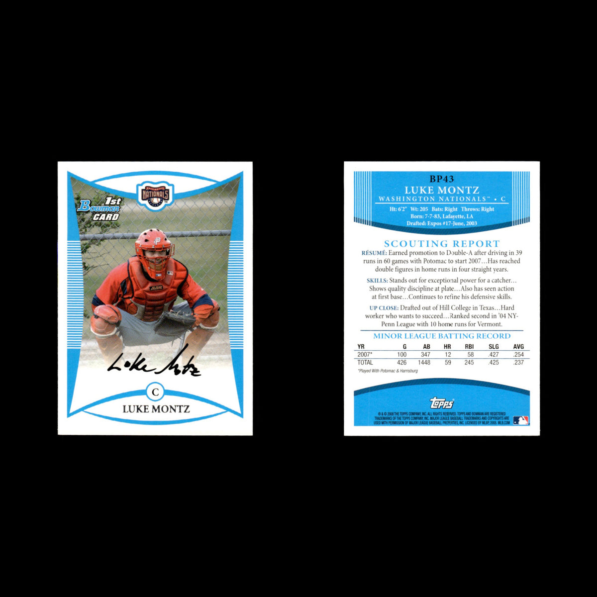 Luke Montz #BP43 2008 Bowman Prospects Washington Nationals Baseball Card MLB NM