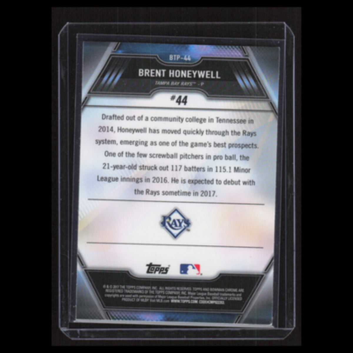 Brent Honeywell #BTP-44 2017 Bowman Scouts Top 100 Tampa Bay Rays Baseball Card