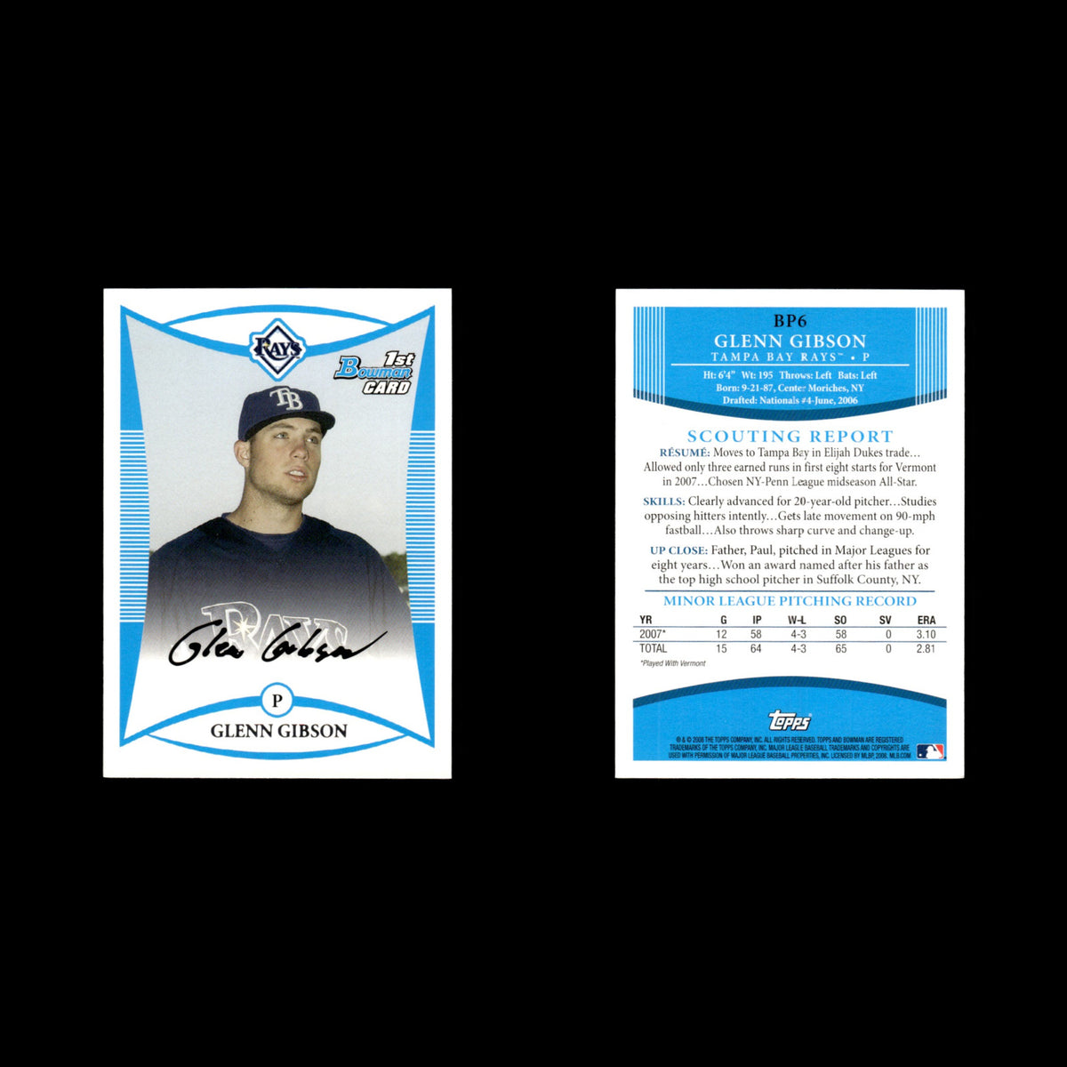 Glenn Gibson #BP6 2008 Bowman Prospects Tampa Bay Rays Baseball Card MLB NM