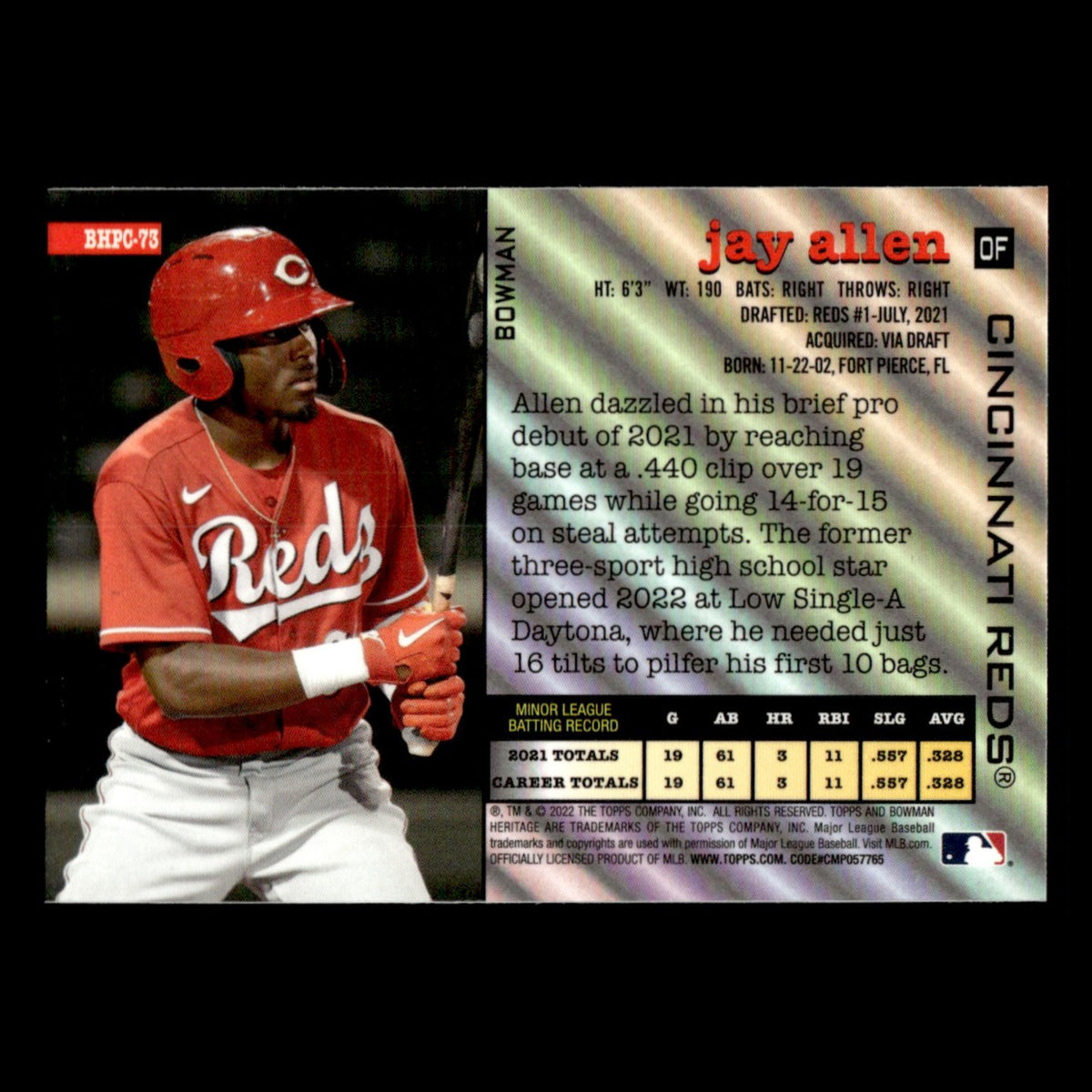 Jay Allen #BHPC-73 2022 Bowman Heritage Prospects Chrome Cincinnati Reds Card NM