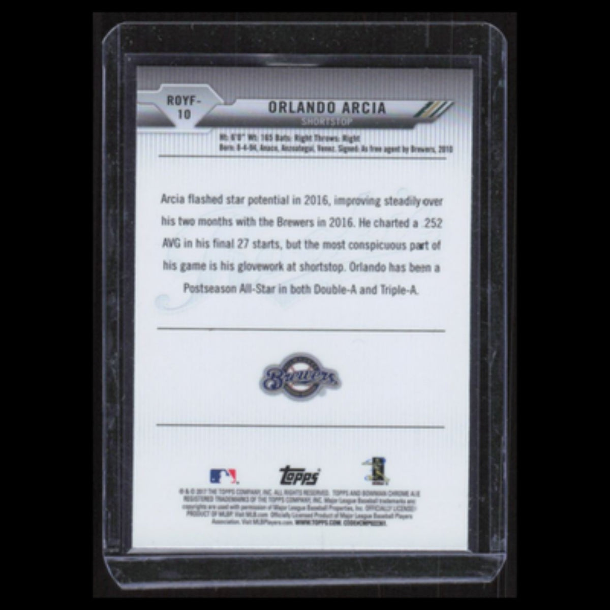 Orlando Arcia Rookie #ROYF-10 2017 Bowman Chrome Milwaukee Brewers Baseball Card