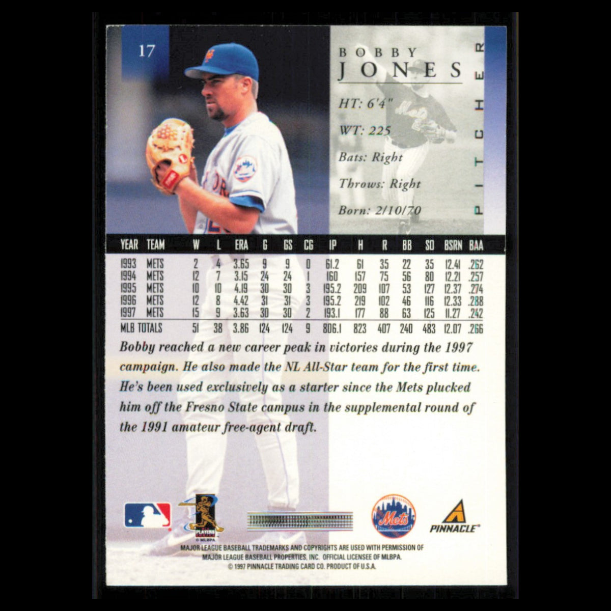 Bobby Jones #17 1998 Pinnacle New York Mets Baseball Card MLB NM