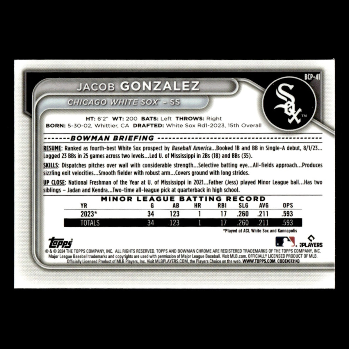 Jacob Gonzalez #BCP-41 2024 Bowman Chrome Prospects Chicago White Sox Baseball