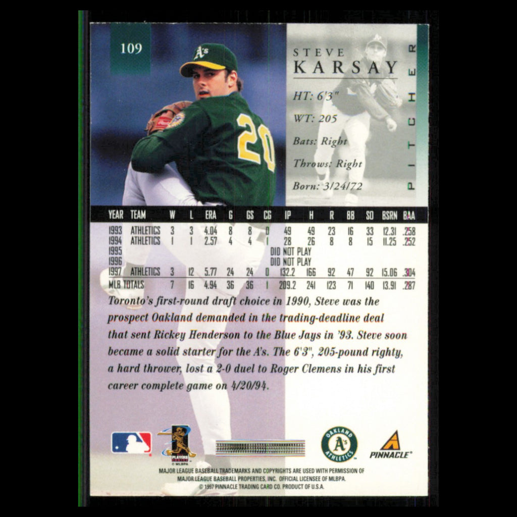 Steve Karsay #109 1998 Pinnacle Oakland Athletics Baseball Card MLB NM