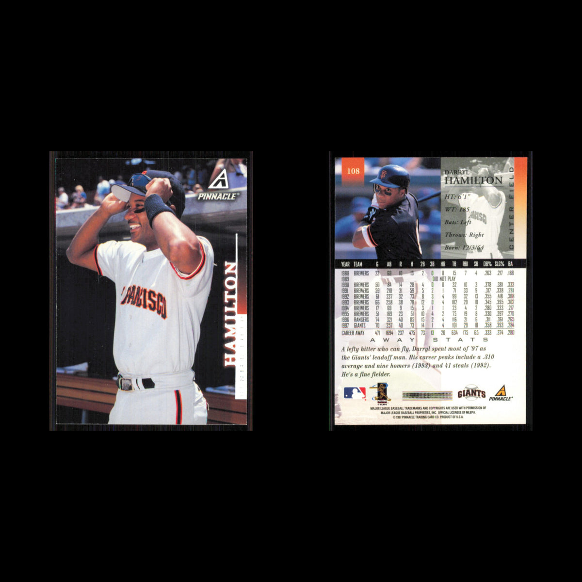 Darryl Hamilton #108 1998 Pinnacle San Francisco Giants Baseball Card MLB NM