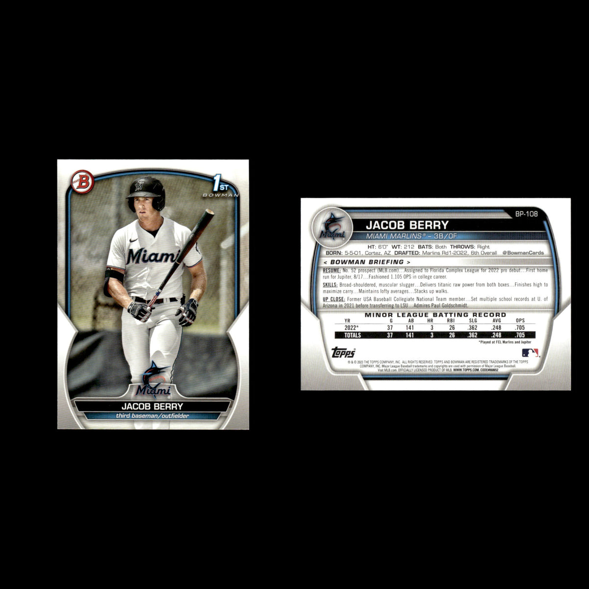 Jacob Berry #BP-108 2023 Bowman Prospects Miami Marlins Baseball Card MLB NM
