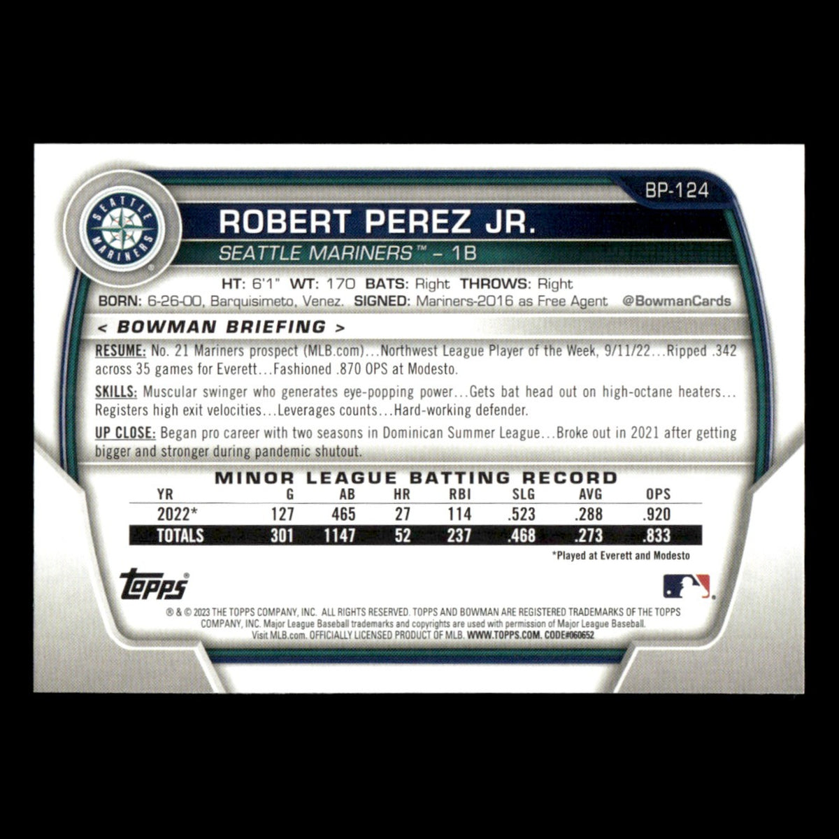 Robert Perez Jr. #BP-124 2023 Bowman Prospects Seattle Mariners Baseball Card NM