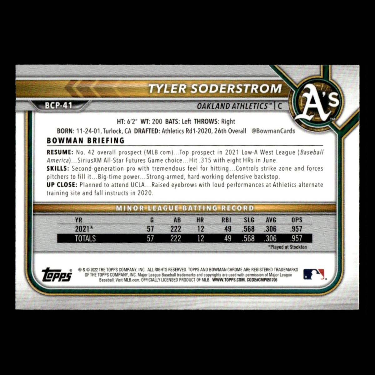 Tyler Soderstrom #BCP-41 2022 Bowman Chrome Prospects Oakland Athletics Baseball