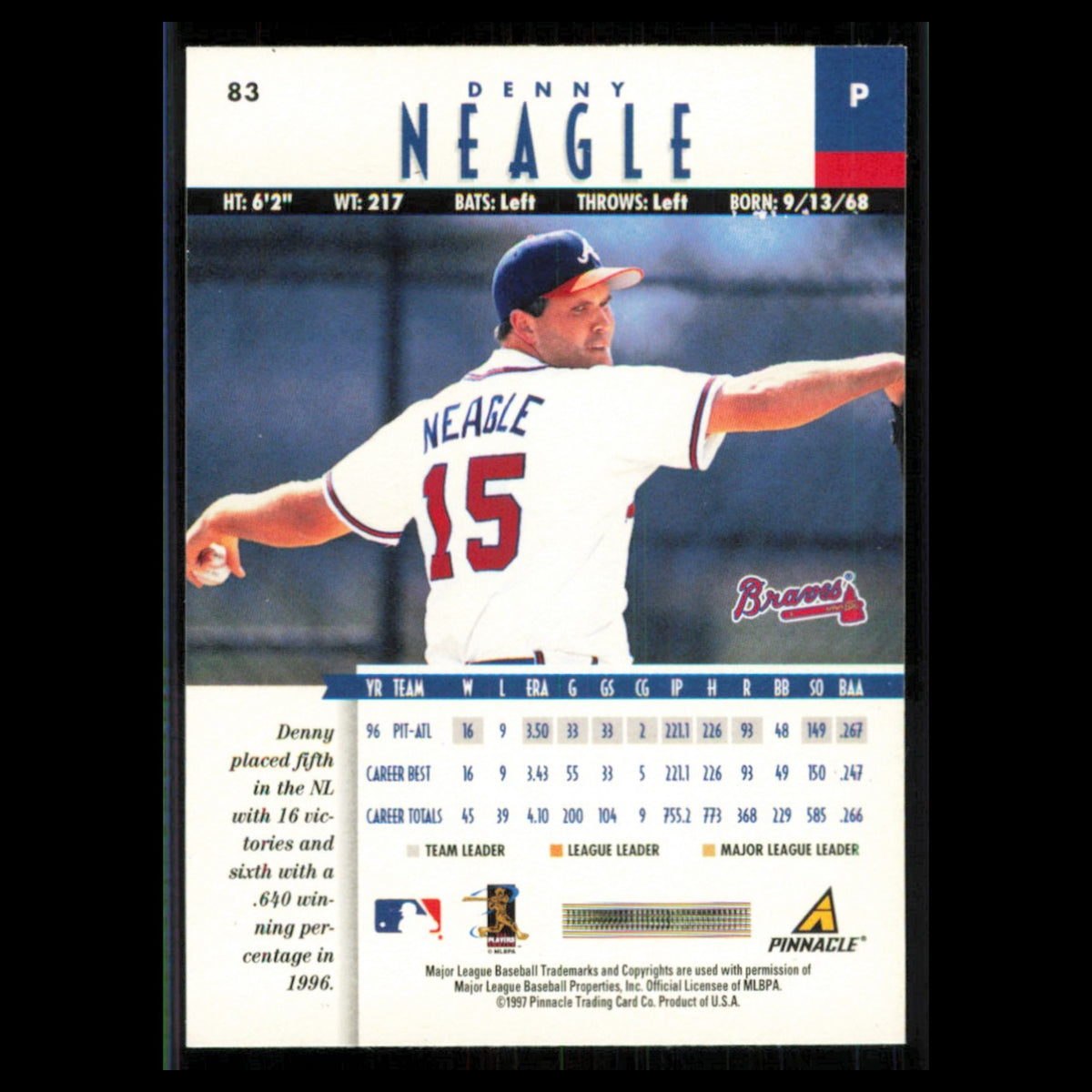 Denny Neagle #83 1997 New Pinnacle Atlanta Braves Baseball Card MLB NM
