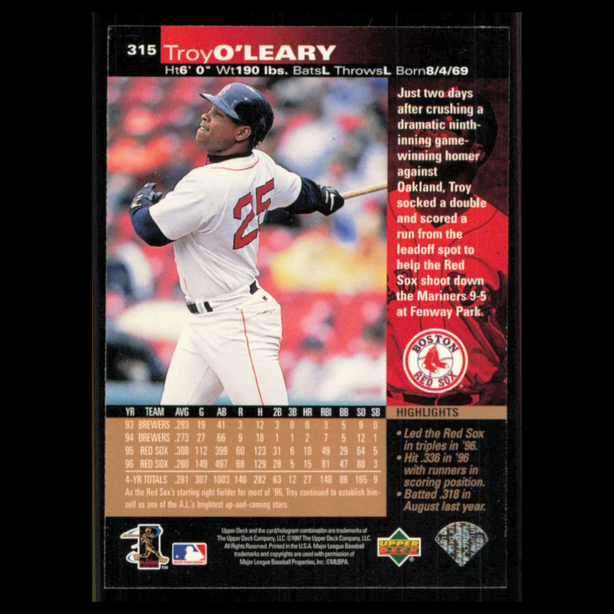 Troy OLeary #315 1997 Upper Deck Boston Red Sox Baseball Card MLB NM