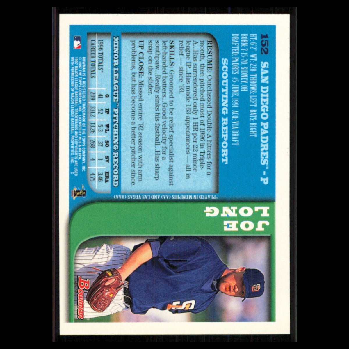 Joe Long #152 1997 Bowman San Diego Padres Baseball Card MLB NM