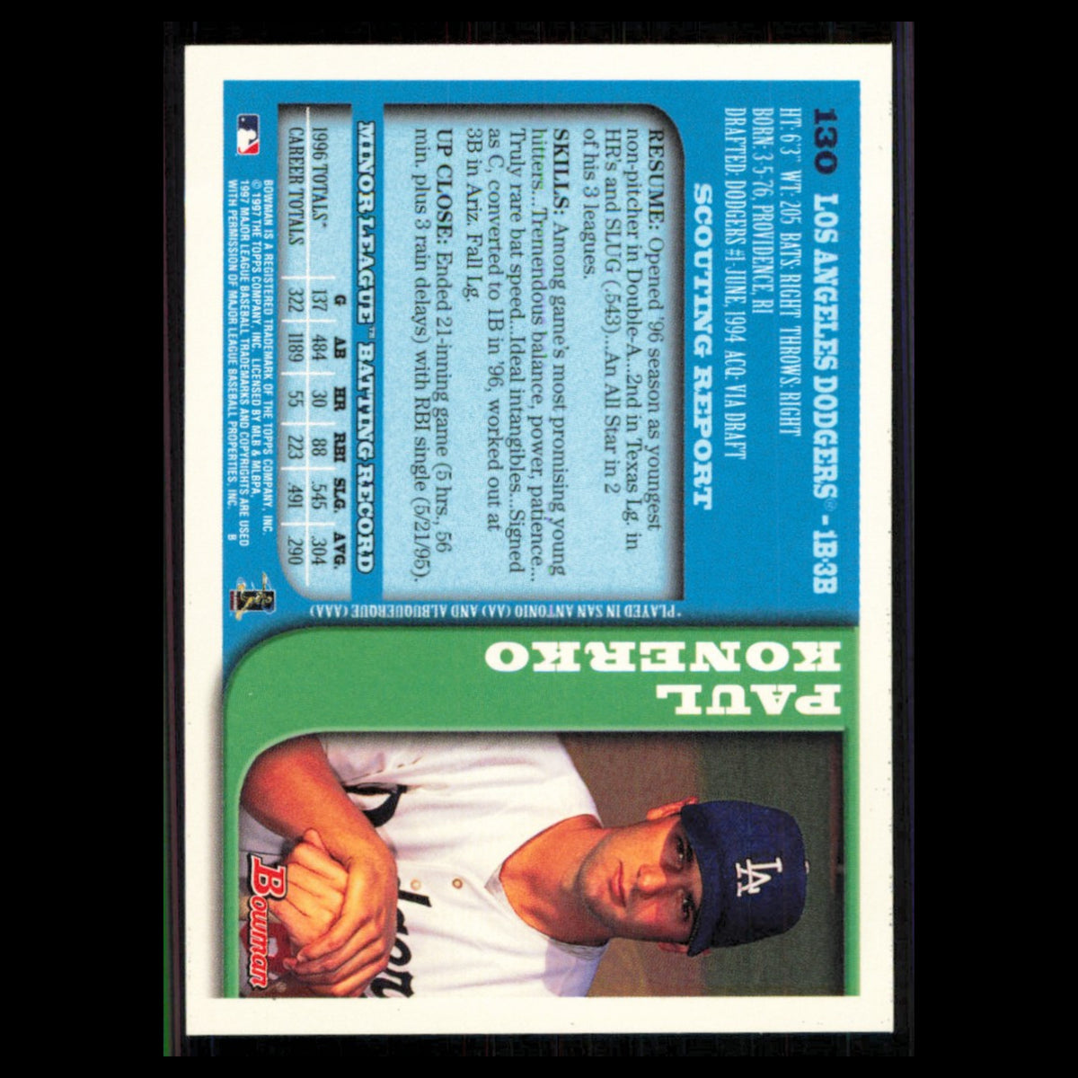 Paul Konerko #130 1997 Bowman Los Angeles Dodgers Baseball Card MLB NM
