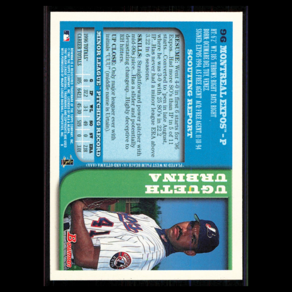Ugueth Urbina #96 1997 Bowman Montreal Expos Baseball Card MLB NM