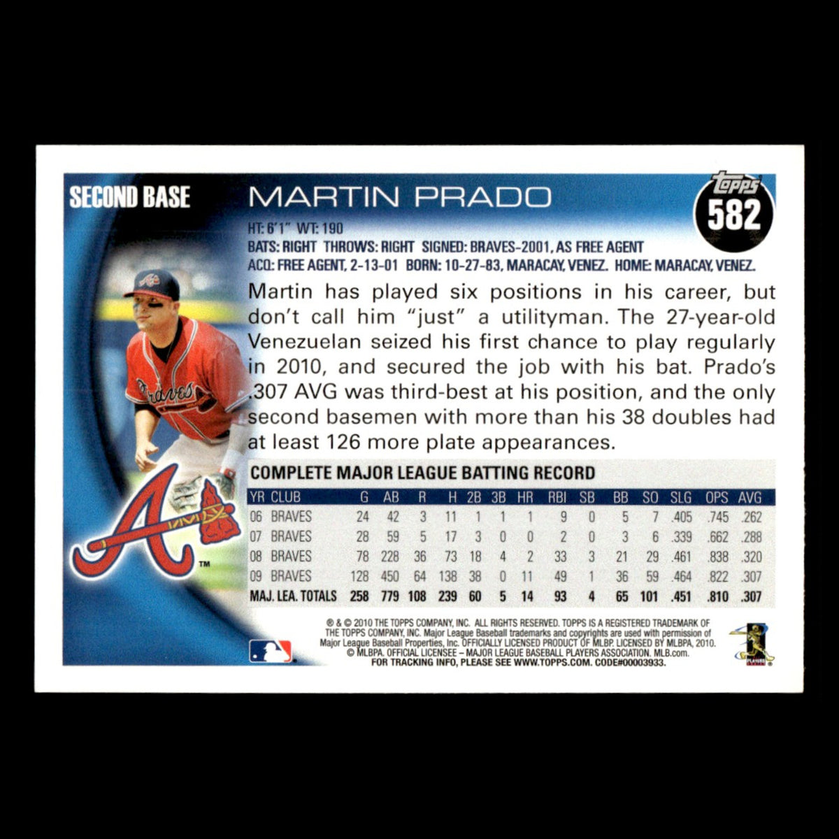 Martin Prado #582 2010 Topps Atlanta Braves Baseball Card MLB NM