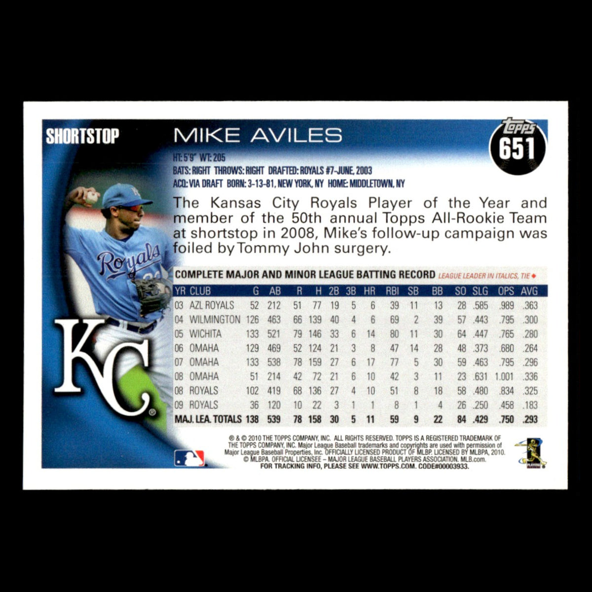 Mike Aviles #651 2010 Topps Kansas City Royals Baseball Card MLB NM