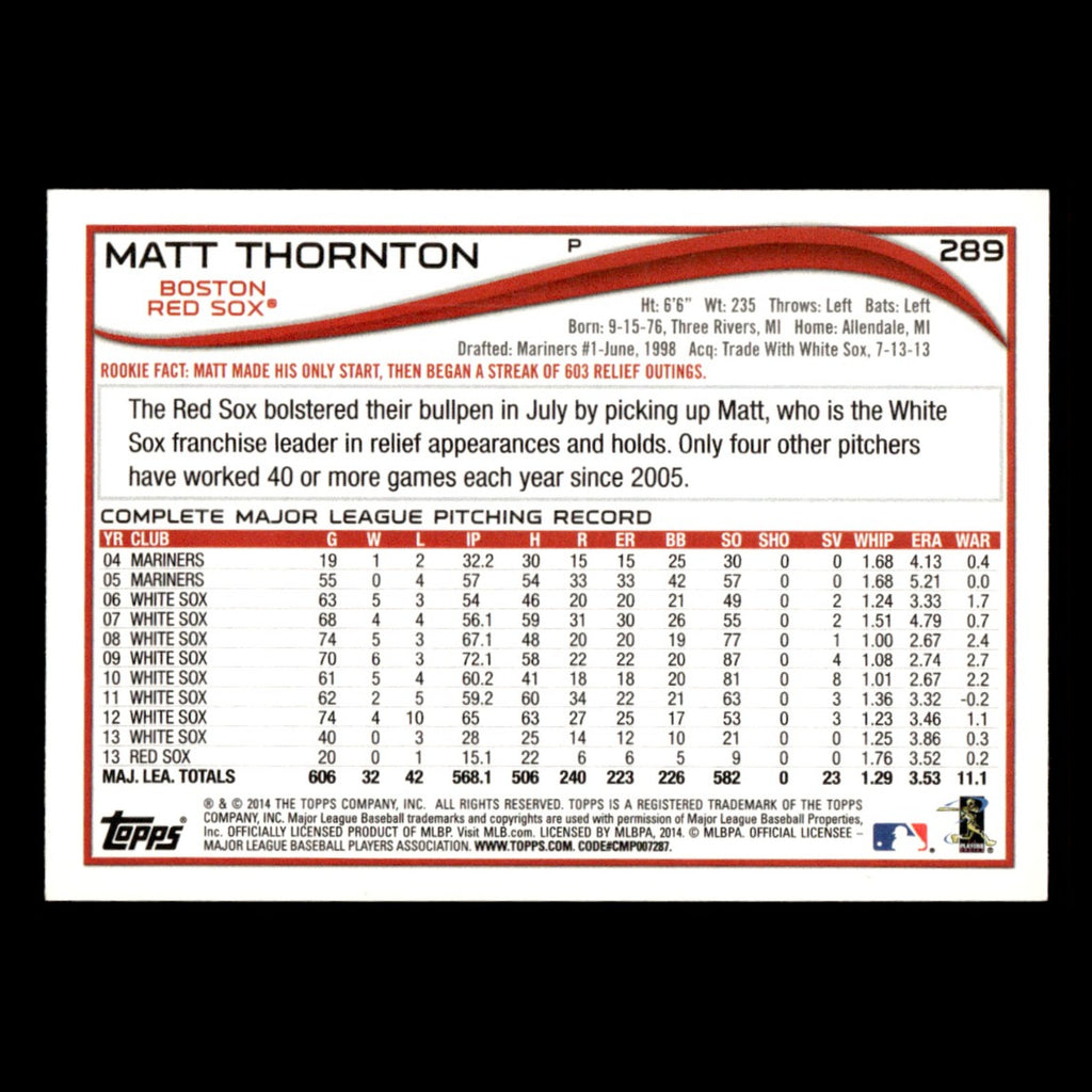 Matt Thornton #289 2014 Topps Boston Red Sox Baseball Card MLB NM