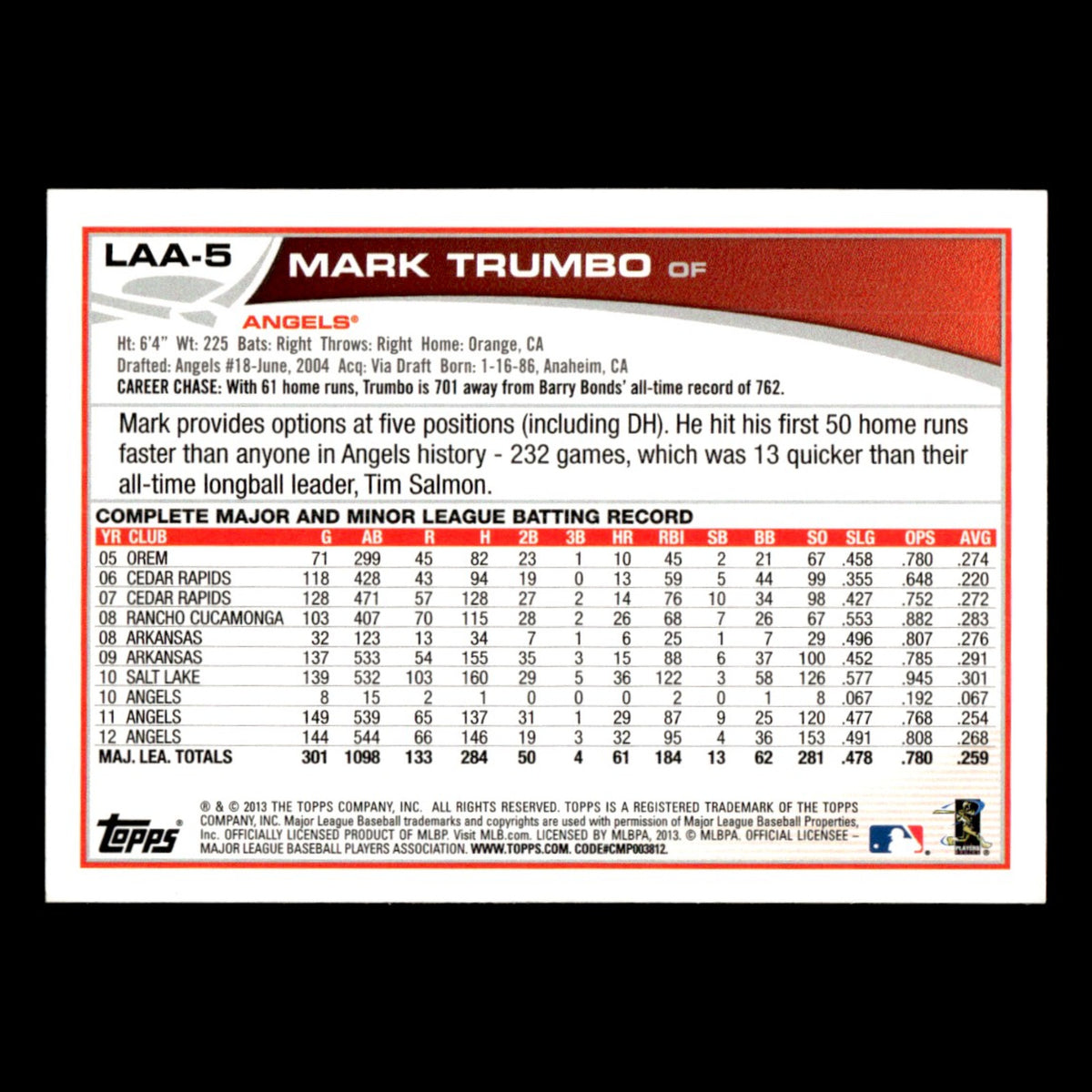 Mark Trumbo #LAA-5 2013 Topps Los Angeles Angels Baseball Card MLB NM