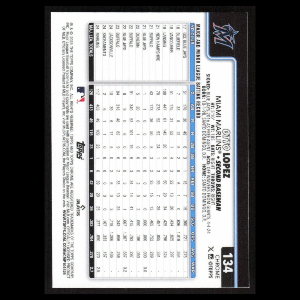 Otto Lopez #134 2025 Topps Chrome Miami Marlins Baseball Card MLB NM
