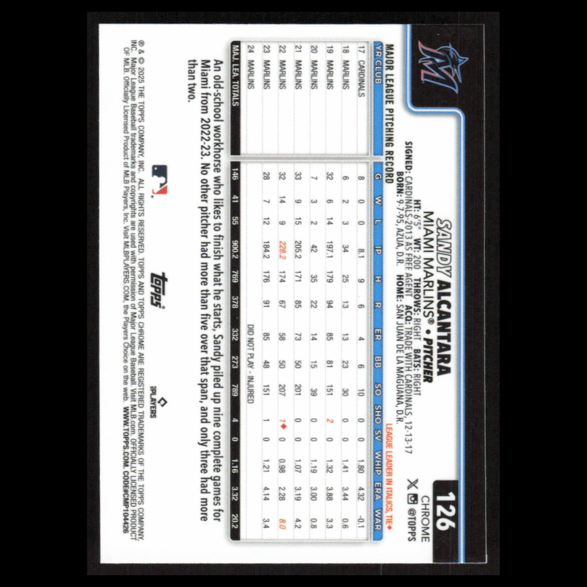 Sandy Alcantara #126 2025 Topps Chrome Miami Marlins Baseball Card MLB NM