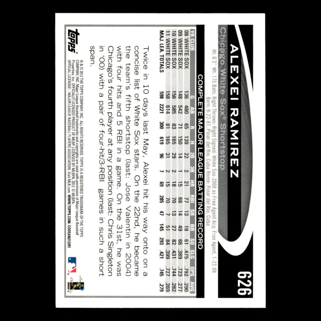 Alexei Ramirez #626 2012 Topps Chicago White Sox Baseball Card MLB NM