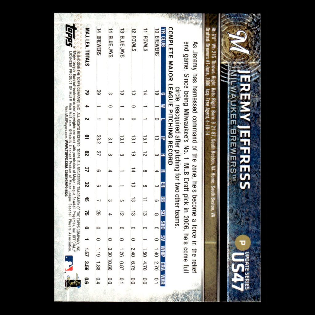 Jeremy Jeffress #US47 2015 Topps Update Milwaukee Brewers Baseball Card MLB NM