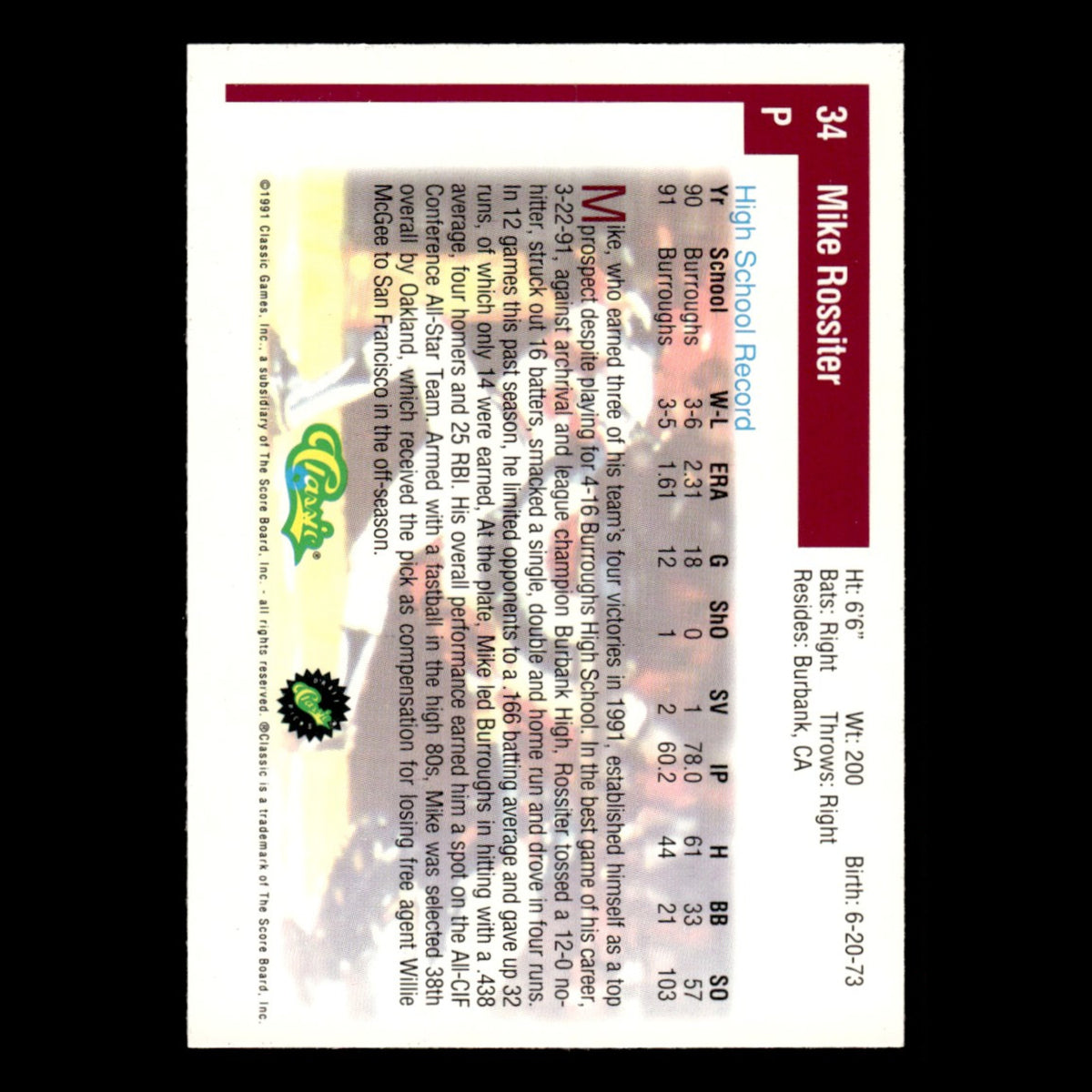 Mike Rossiter #34 1991 Classic Draft Picks Oakland Athletics Baseball Card MLB