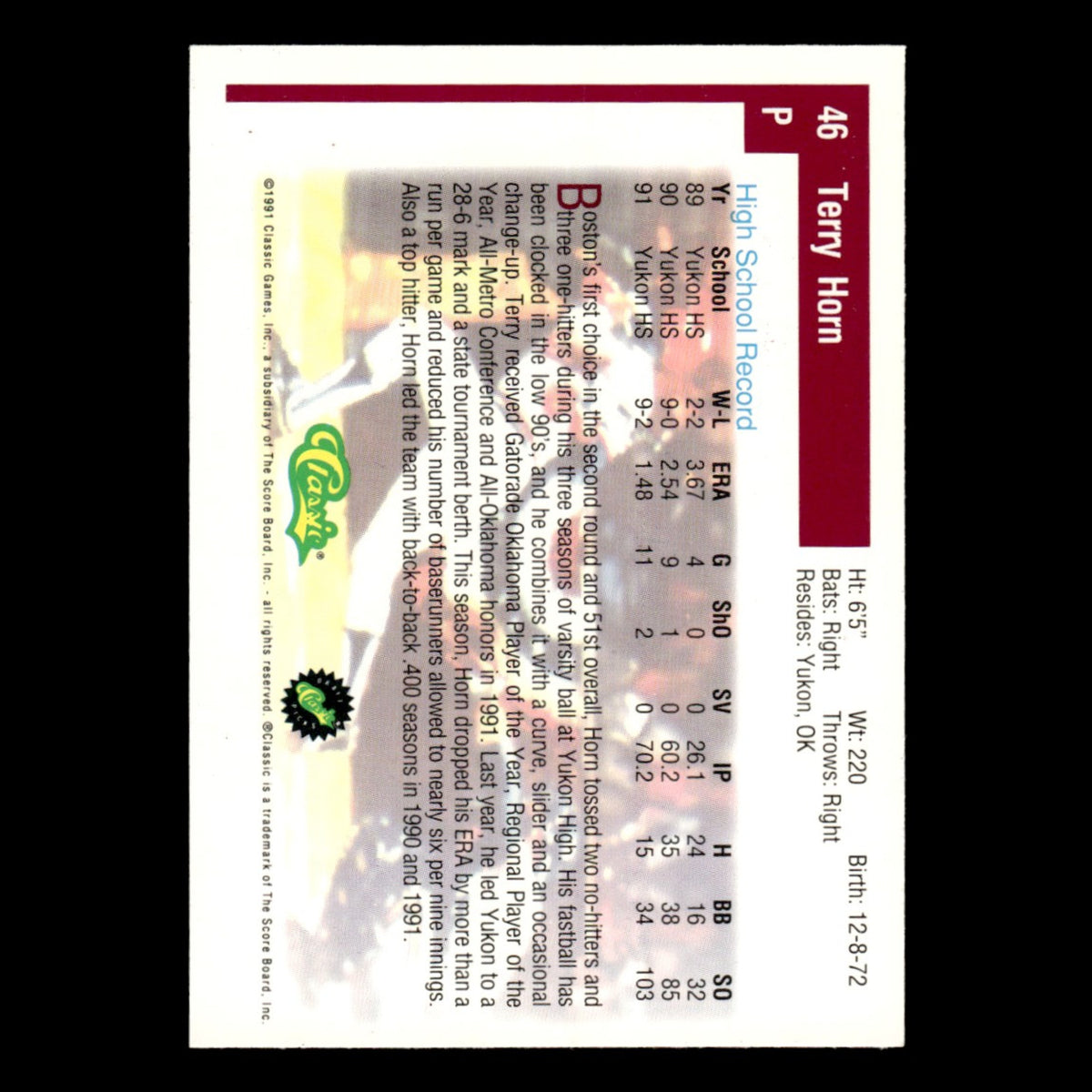 Terry Horn #46 1991 Classic Draft Picks Boston Red Sox Baseball Card MLB NM