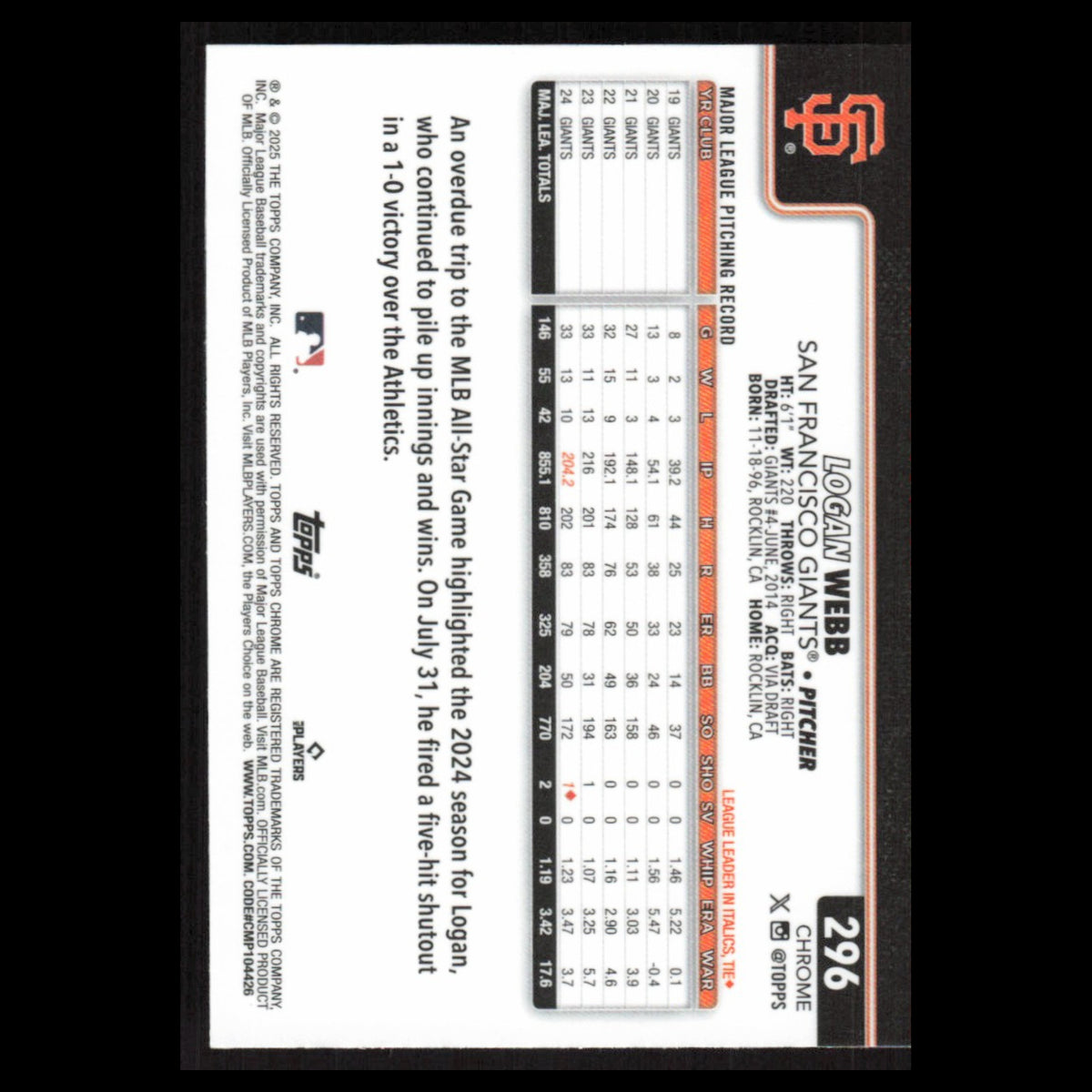 Logan Webb #296 2025 Topps Chrome San Francisco Giants Baseball Card MLB NM