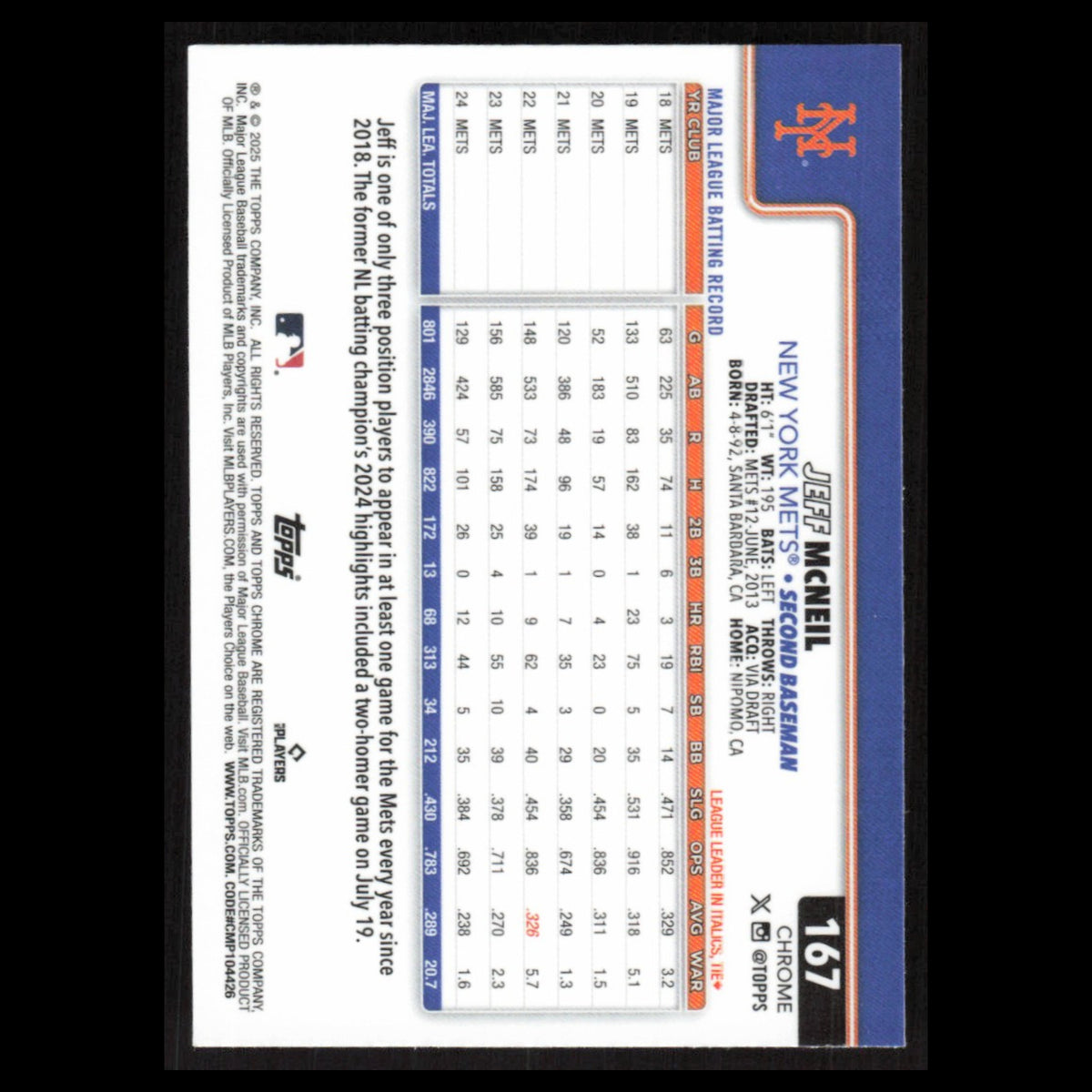 Jeff McNeil #167 2025 Topps Chrome New York Mets Baseball Card MLB NM