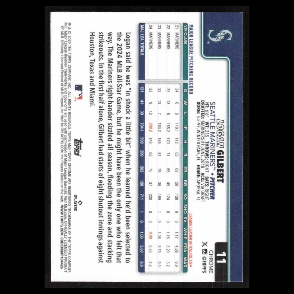 Logan Gilbert #11 2025 Topps Chrome Seattle Mariners Baseball Card MLB NM