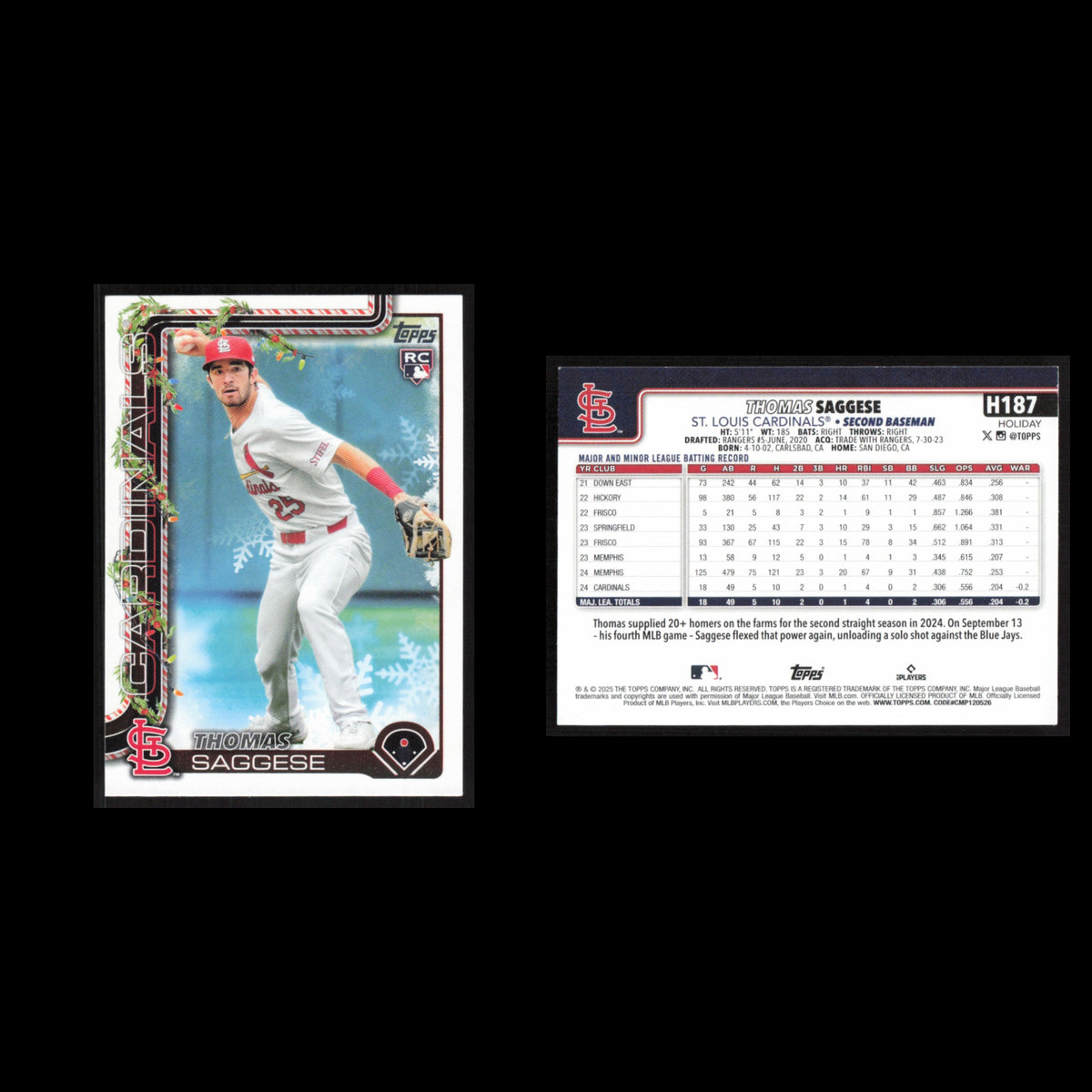 Thomas Saggese Rookie #H187 2025 Topps Holiday St. Louis Cardinals Baseball Card