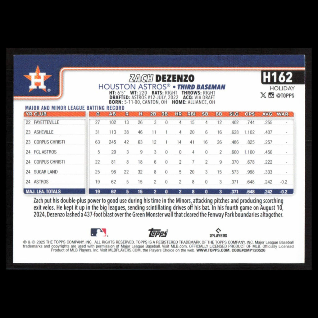Zach Dezenzo Rookie #H162 2025 Topps Holiday Houston Astros Baseball Card MLB NM