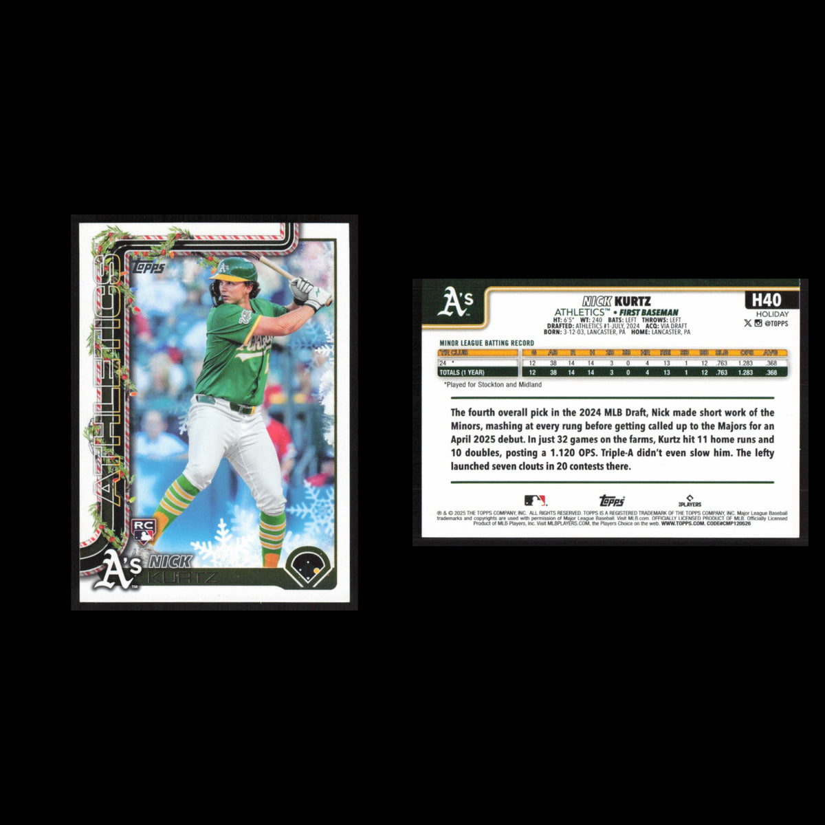 Nick Kurtz Rookie #H40 2025 Topps Holiday Athletics Baseball Card MLB NM