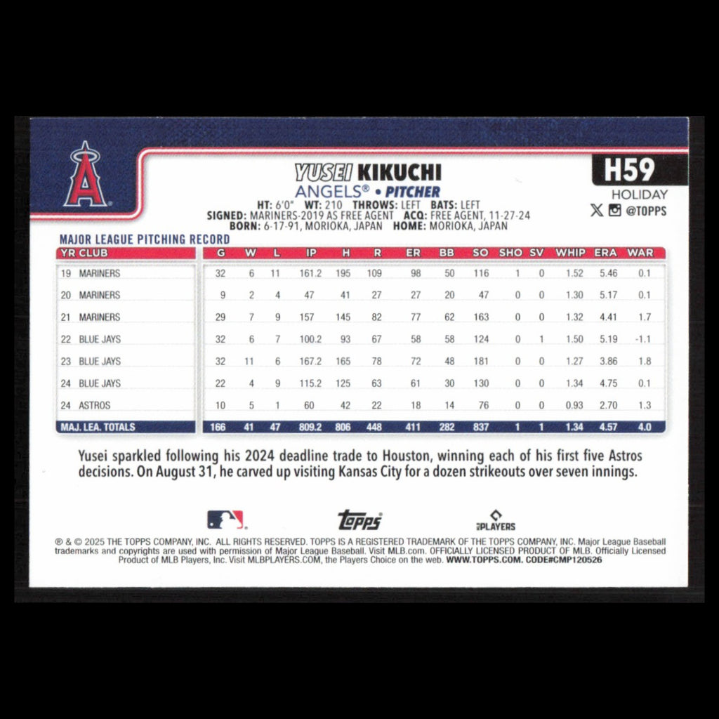 Yusei Kikuchi #H59 2025 Topps Holiday Los Angeles Angels Baseball Card MLB NM
