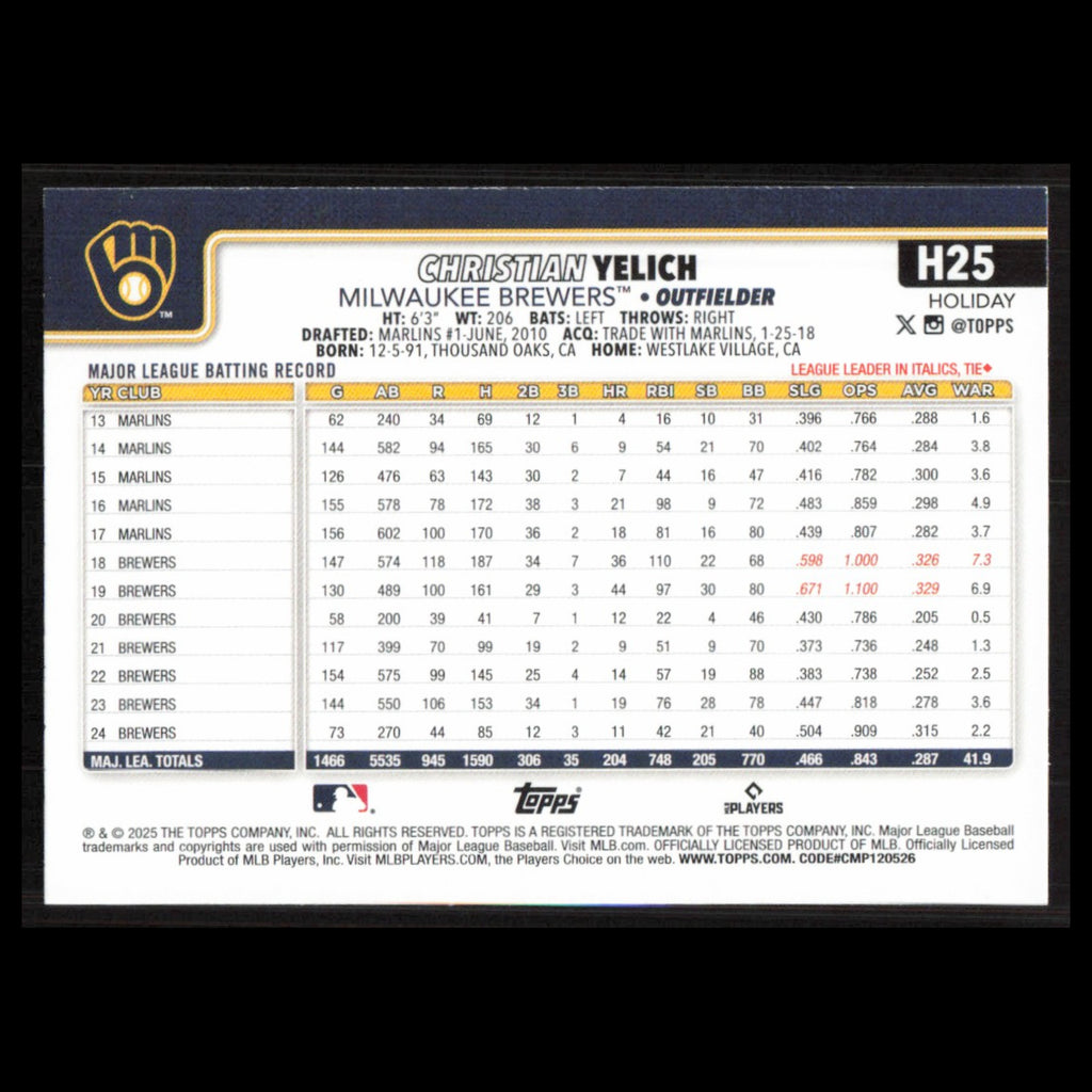 Christian Yelich #H25 2025 Topps Holiday Milwaukee Brewers Baseball Card MLB NM