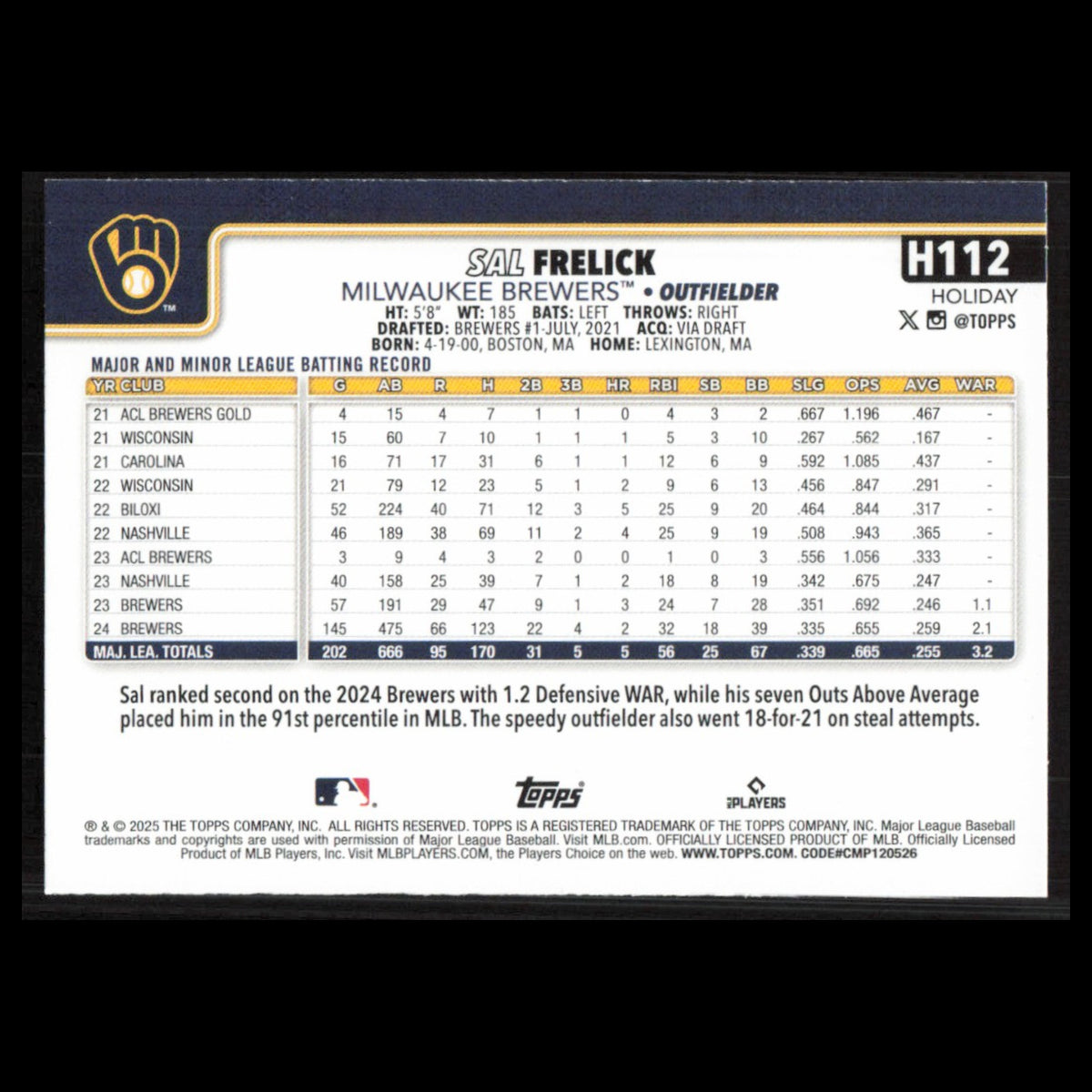 Sal Frelick #H112 2025 Topps Holiday Milwaukee Brewers Baseball Card MLB NM