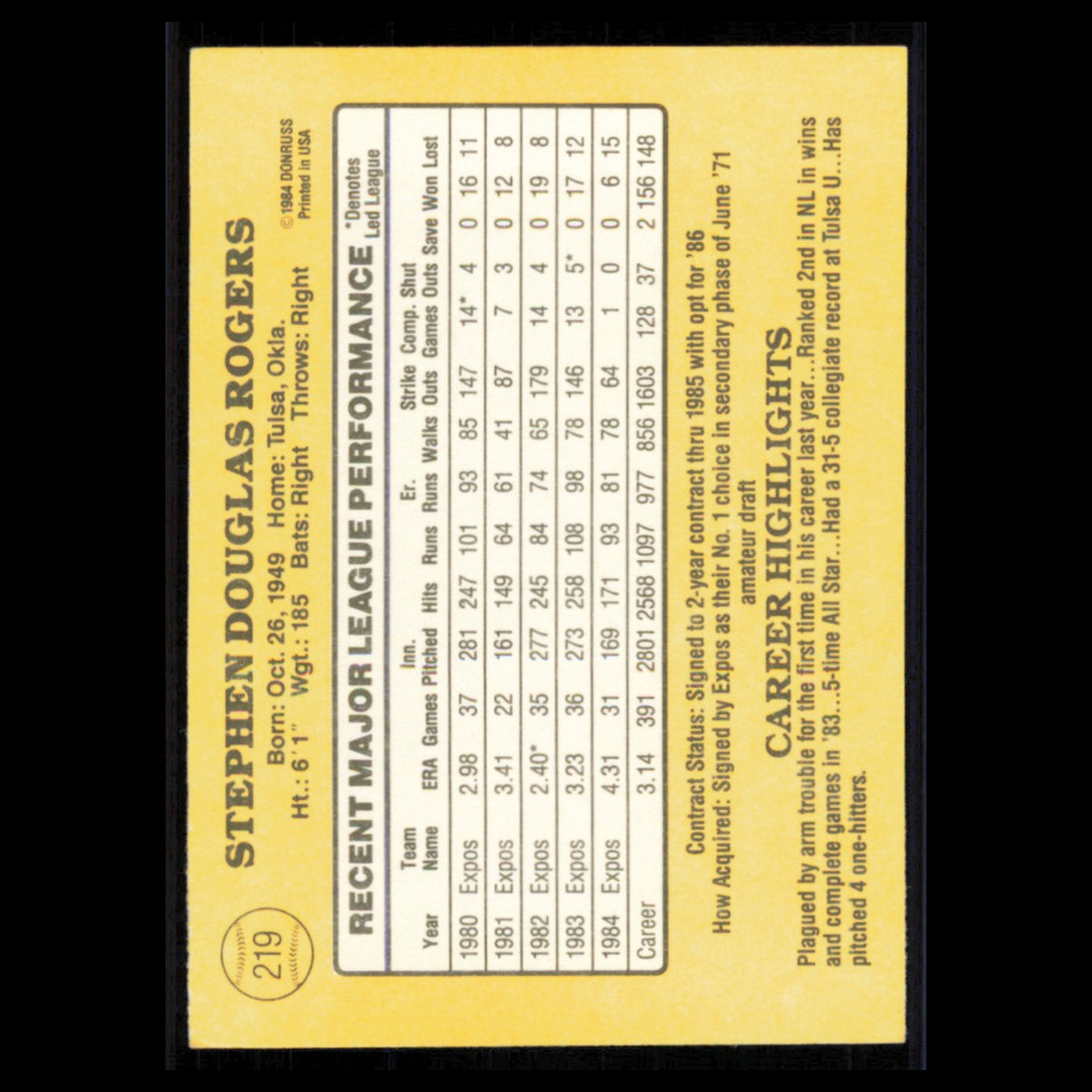 Steve Rogers #219 1985 Donruss Montreal Expos Baseball Card MLB NM