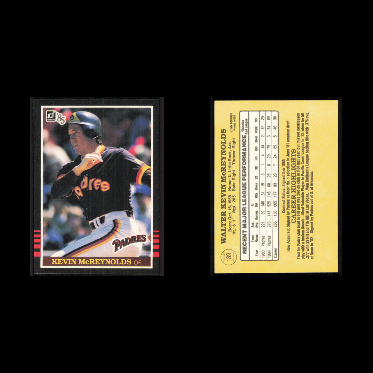 Kevin McReynolds #139 1985 Donruss San Diego Padres Baseball Card MLB NM