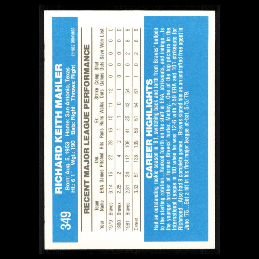 Rick Mahler Rookie #349 1982 Donruss Atlanta Braves Baseball Card MLB NM
