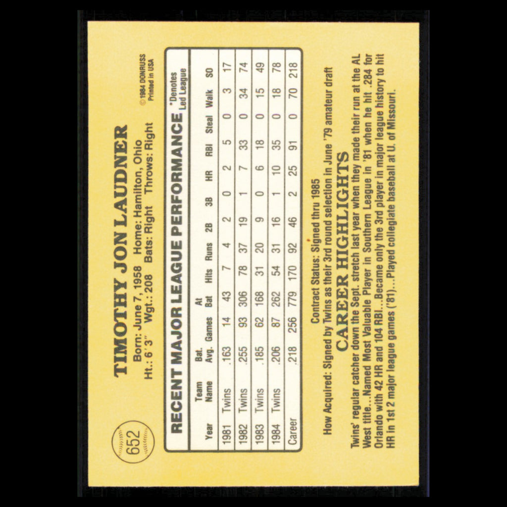 Tim Laudner #652 1985 Donruss Minnesota Twins Baseball Card MLB NM