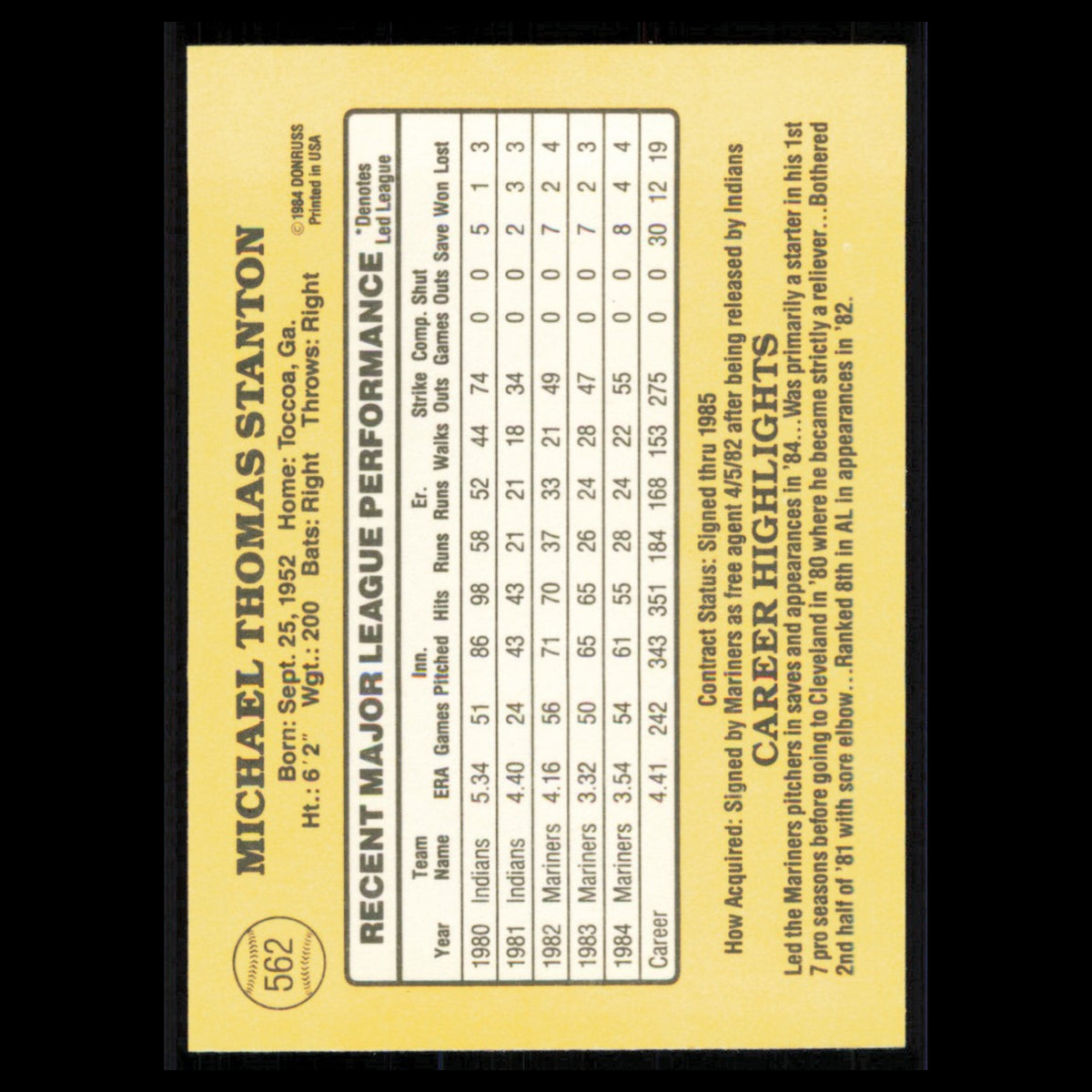 Mike Stanton #562 1985 Donruss Seattle Mariners Baseball Card MLB NM