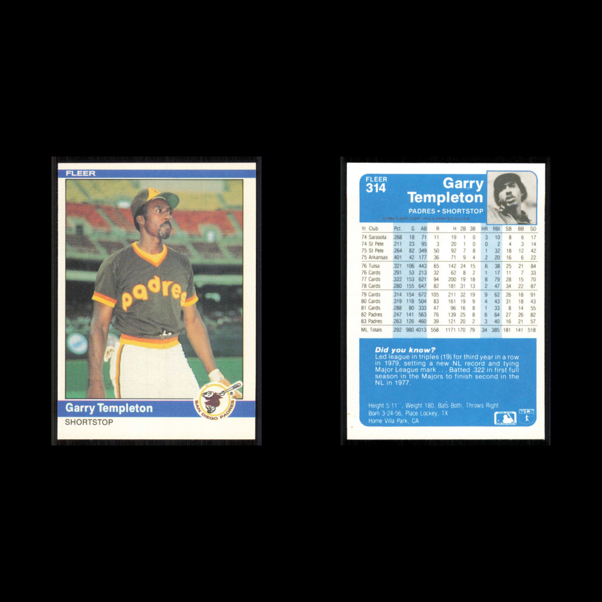 Garry Templeton #314 1984 Fleer San Diego Padres Baseball Card MLB NM