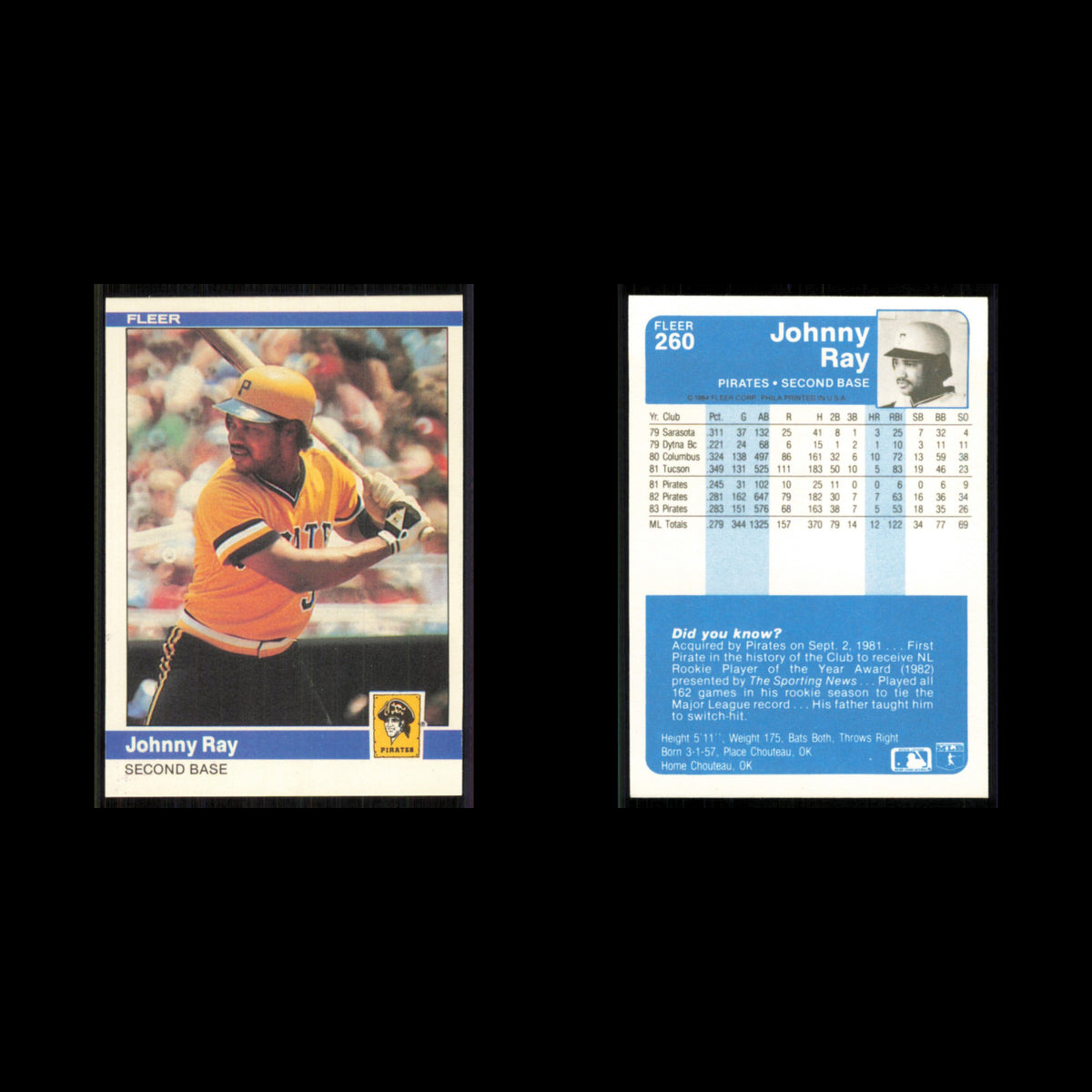Johnny Ray #260 1984 Fleer Pittsburgh Pirates Baseball Card MLB NM