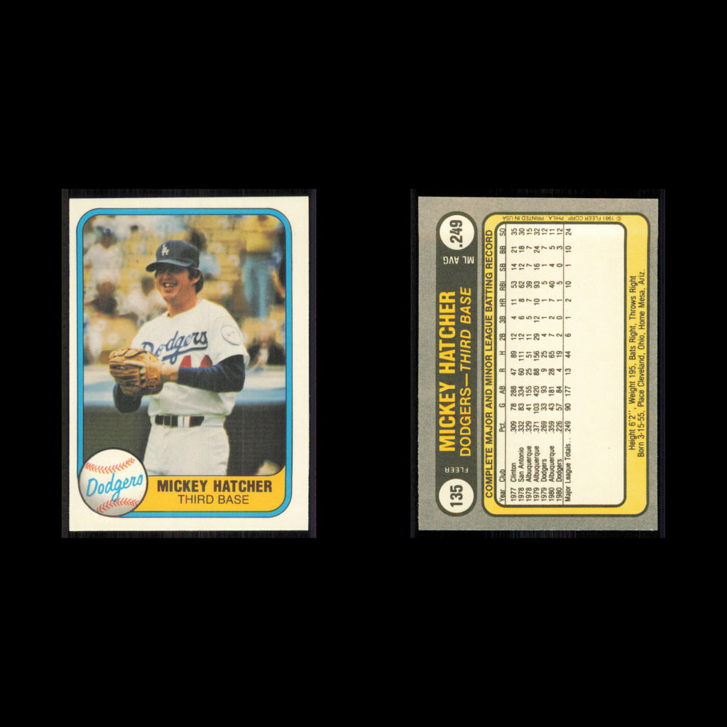 Mickey Hatcher #135 1981 Fleer Los Angeles Dodgers Baseball Card MLB NM