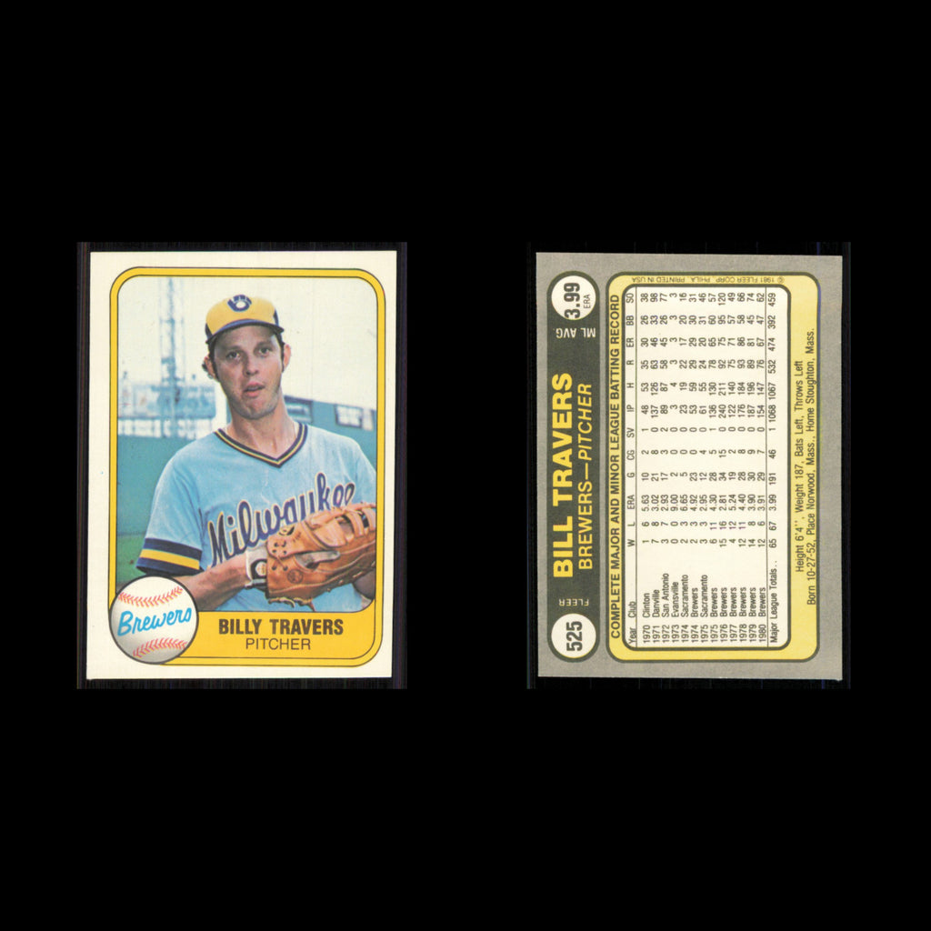 Billy Travers #525 1981 Fleer Milwaukee Brewers Baseball Card MLB NM