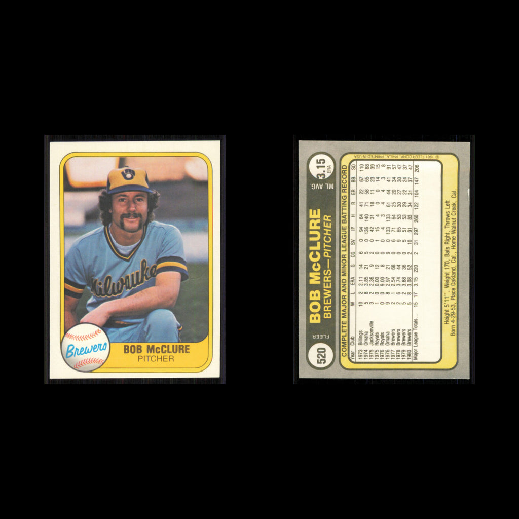 Bob McClure #520 1981 Fleer Milwaukee Brewers Baseball Card MLB NM