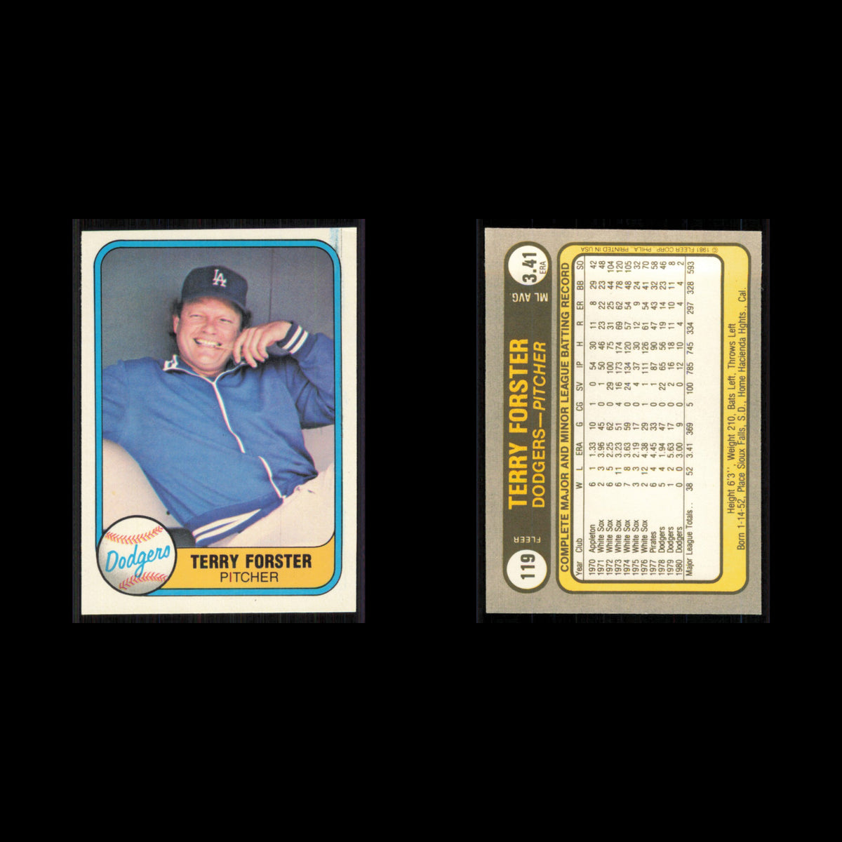 Terry Forster #119 1981 Fleer Los Angeles Dodgers Baseball Card MLB NM