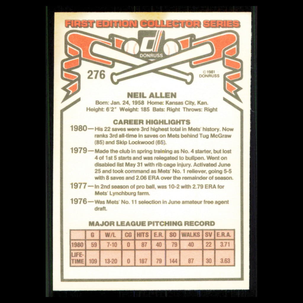 Neil Allen #276 1981 Donruss New York Mets Baseball Card MLB NM