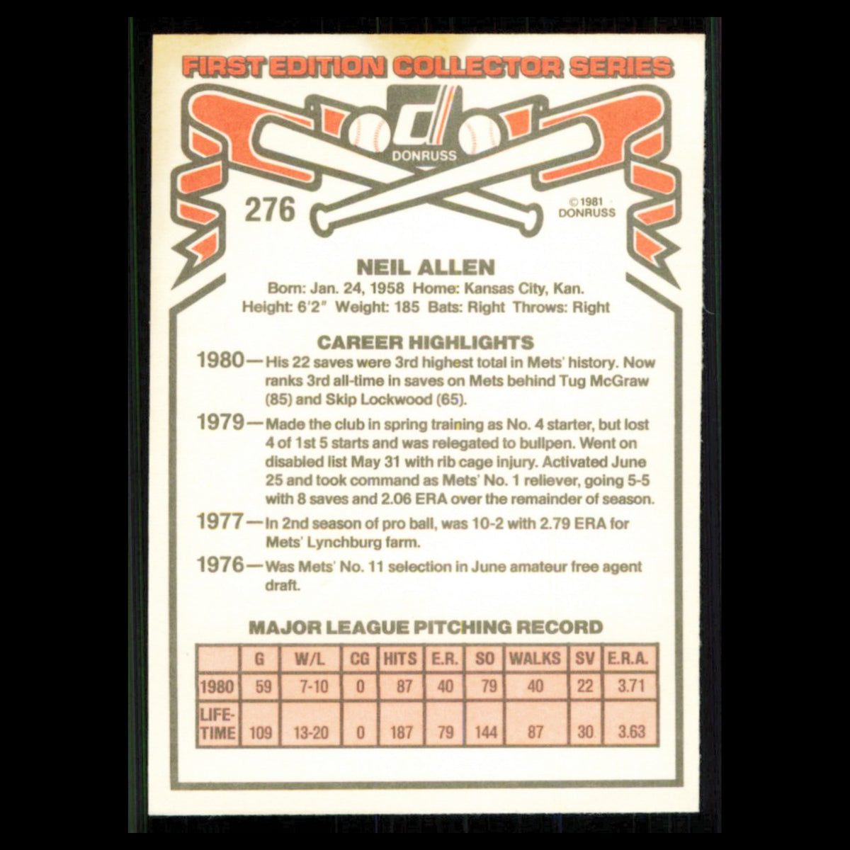 Neil Allen #276 1981 Donruss New York Mets Baseball Card MLB NM