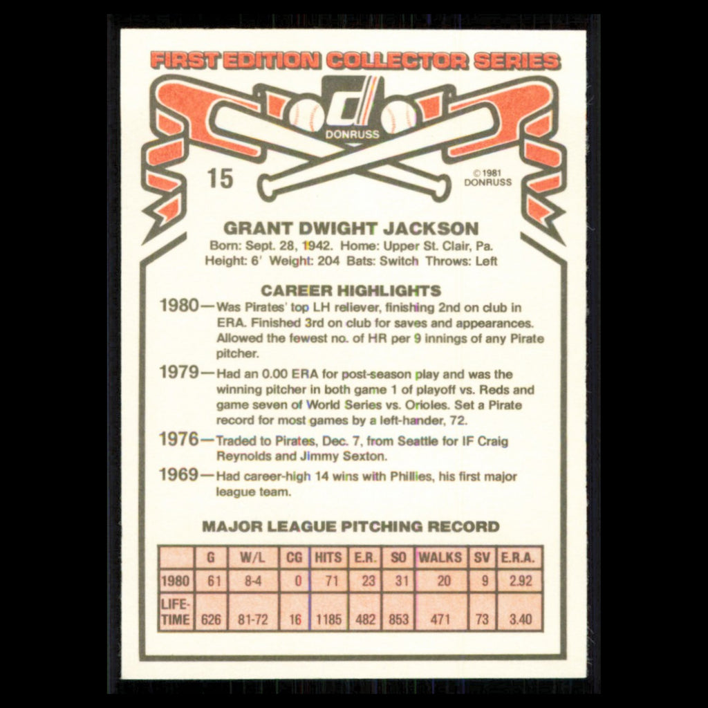 Grant Jackson #15 1981 Donruss Pittsburgh Pirates Baseball Card MLB NM